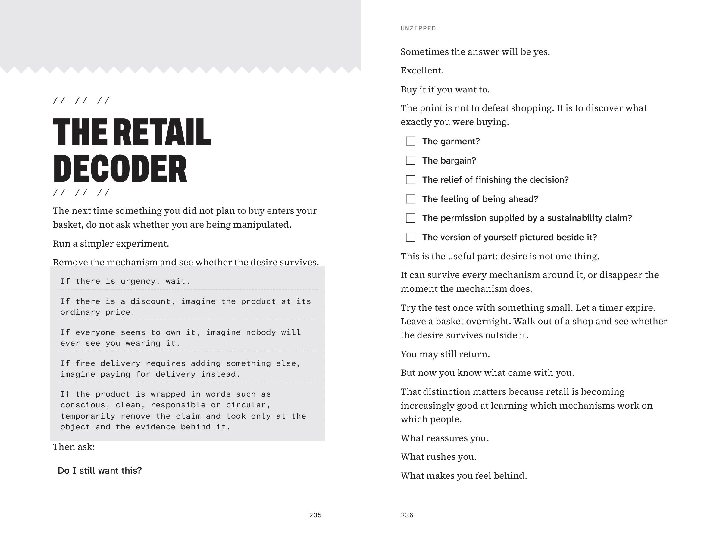 Two pages of the Retail Decoder exercise with prompts and checkboxes