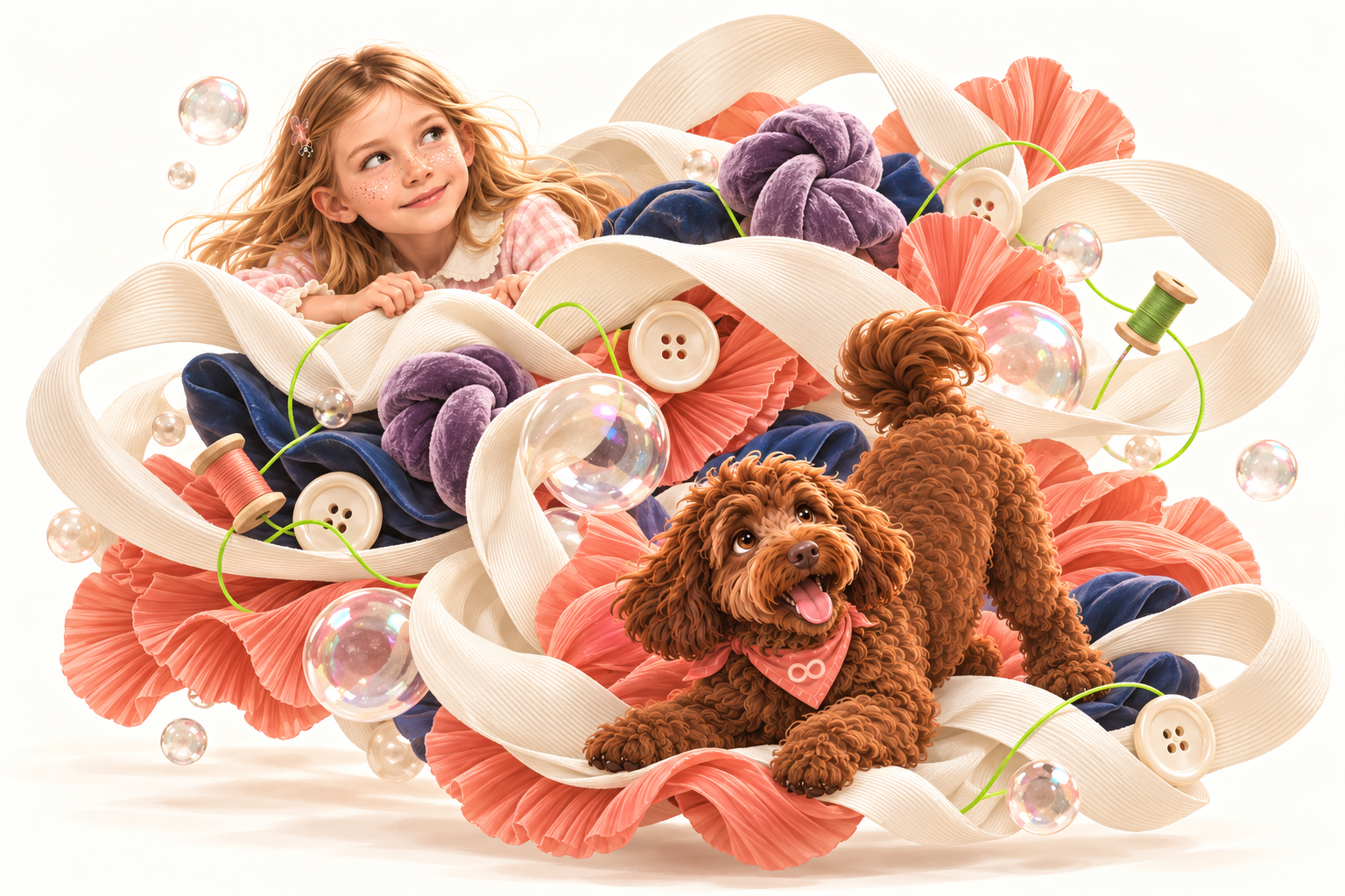 Lumi and curly brown Petunia exploring a floating world of fabric, buttons and glass bubbles linked by green thread